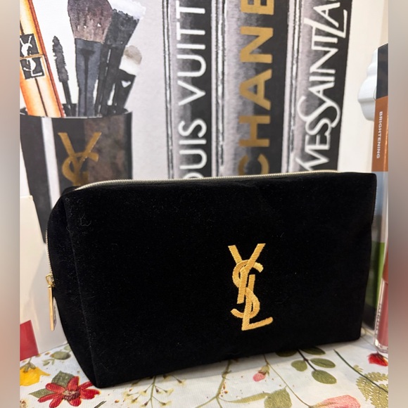 Yves Saint Laurent Handbags - NIP Yves Saint Laurent Black Velvet Makeup Pouch with Gold YSL Monogram